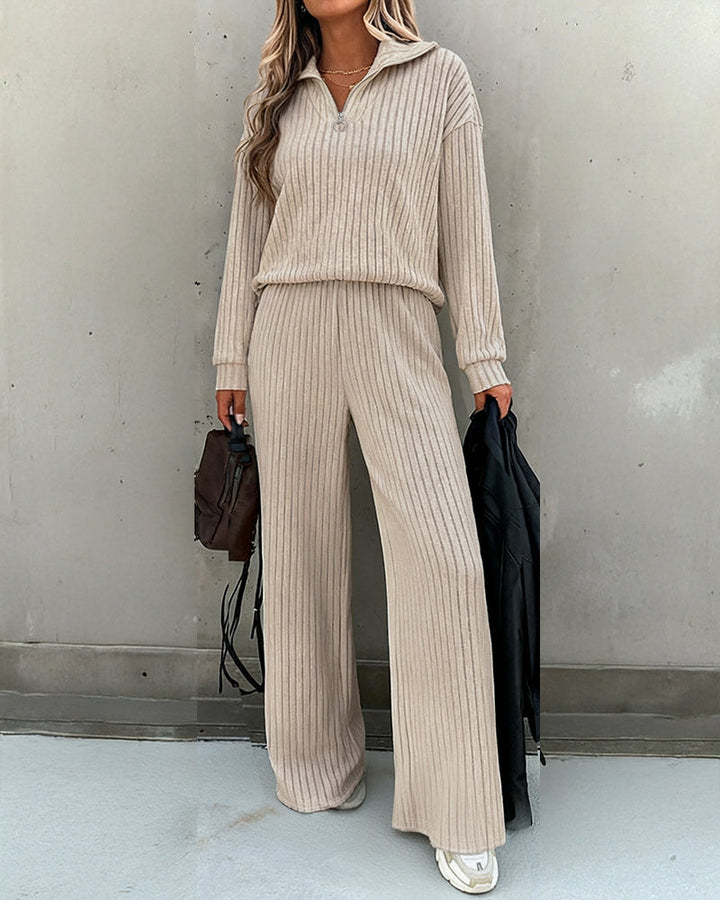 2 Pieces Outfit Turn-down Collar Long Sleeve Drop Shoulder Half Zipper Front Top and Elastic Waist Pants Set Casual Brushed Ribbed Set