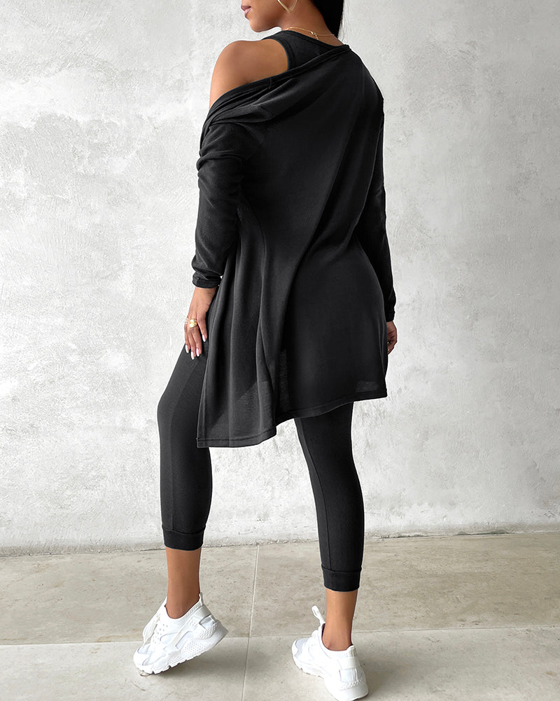 3 Piece Lounge Set Crewneck Sleeveless Tank Top Long Sleeve Open Front Coat Pants Sweatsuit