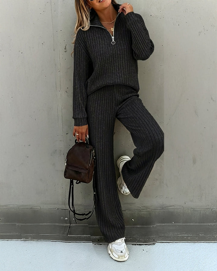 2 Pieces Outfit Turn-down Collar Long Sleeve Drop Shoulder Half Zipper Front Top and Elastic Waist Pants Set Casual Brushed Ribbed Set