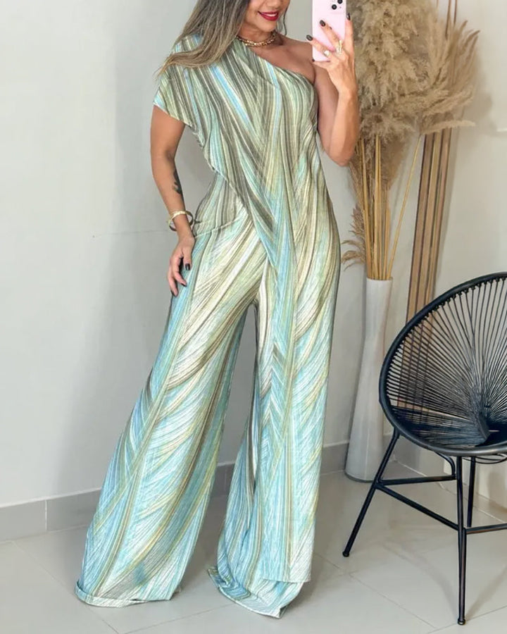 Colorblock Abstract Print One Shoulder Short Sleeve Zipper Side Overalls Casual Asymmetrical Wrap Design Wide Leg Jumpsuit