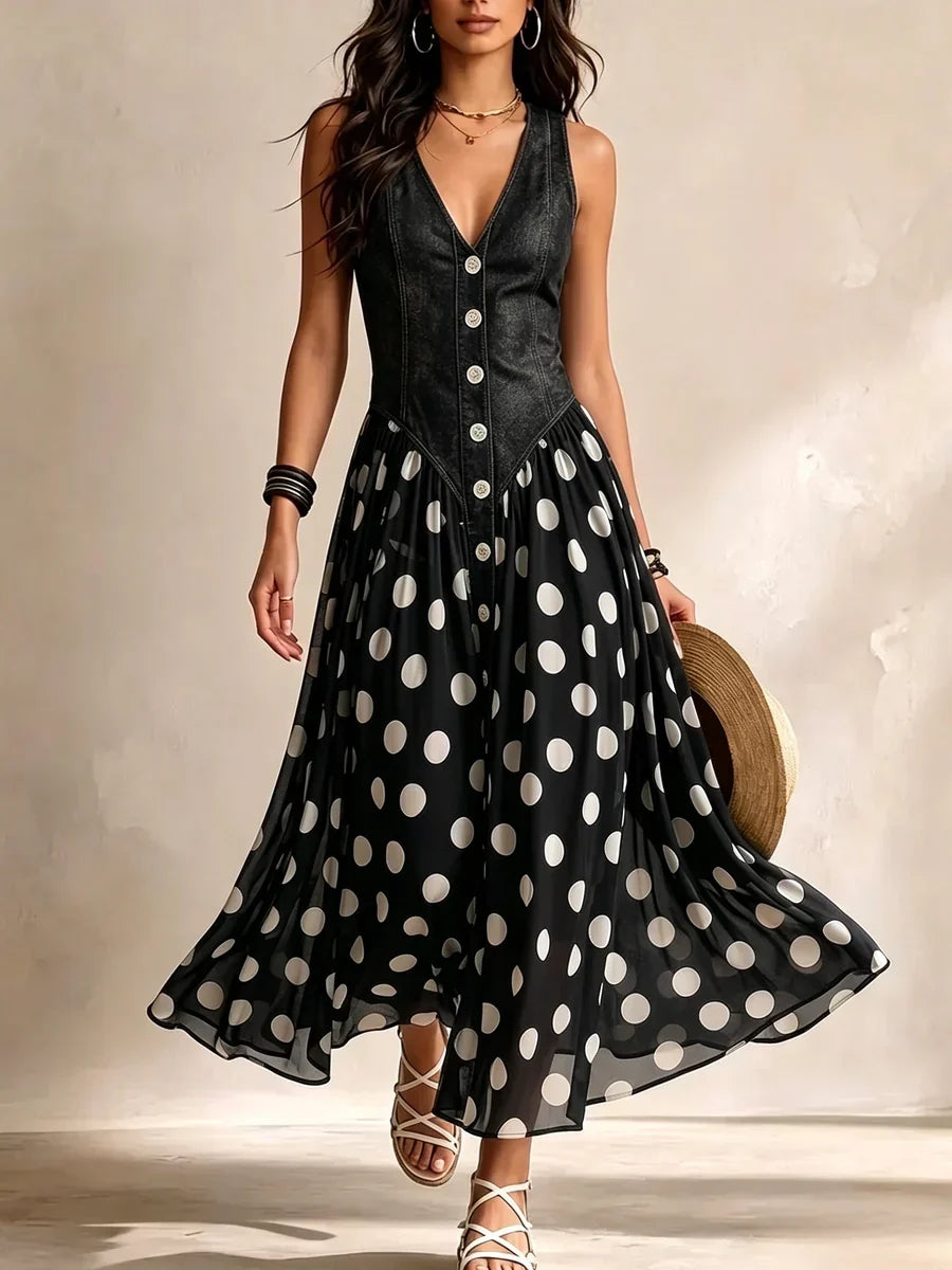 Marisa | Abito Lungo in Denim a Pois