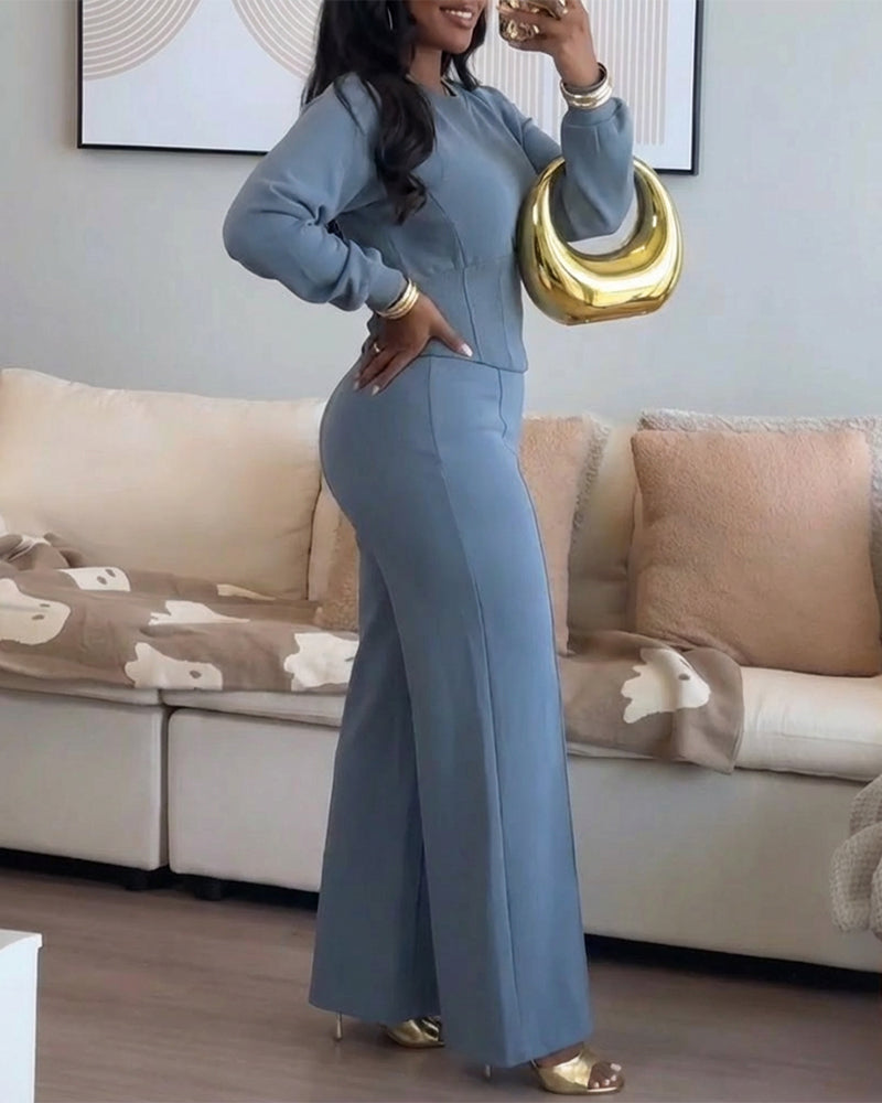 2 Pieces Outfit O-neck Long Sleeve Cinched Waist Sweatshirt and Elastic Waist Wide Leg Pants Set Casual Seam Design Sweatpants Set