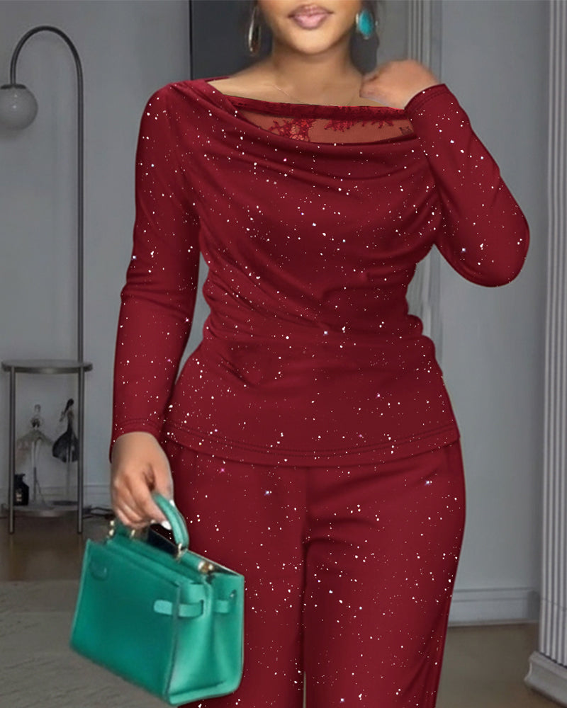 2 Pieces Outfit Cowl Neck Lace Spliced Long Sleeve Top and Elastic Waist Wide Leg Pants Set Casual Glitter Set