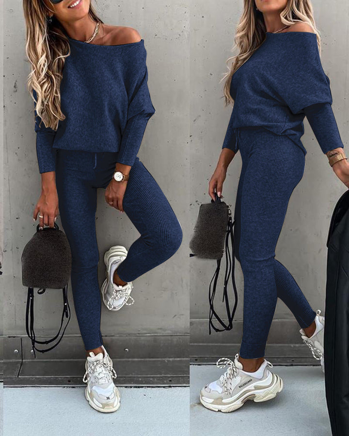 2 Pieces Outfit Skew Neck Long Sleeve Loose Pullover Top and Drawstring High Waist Slim Fit Pants Set