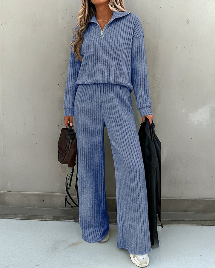 2 Pieces Outfit Turn-down Collar Long Sleeve Drop Shoulder Half Zipper Front Top and Elastic Waist Pants Set Casual Brushed Ribbed Set