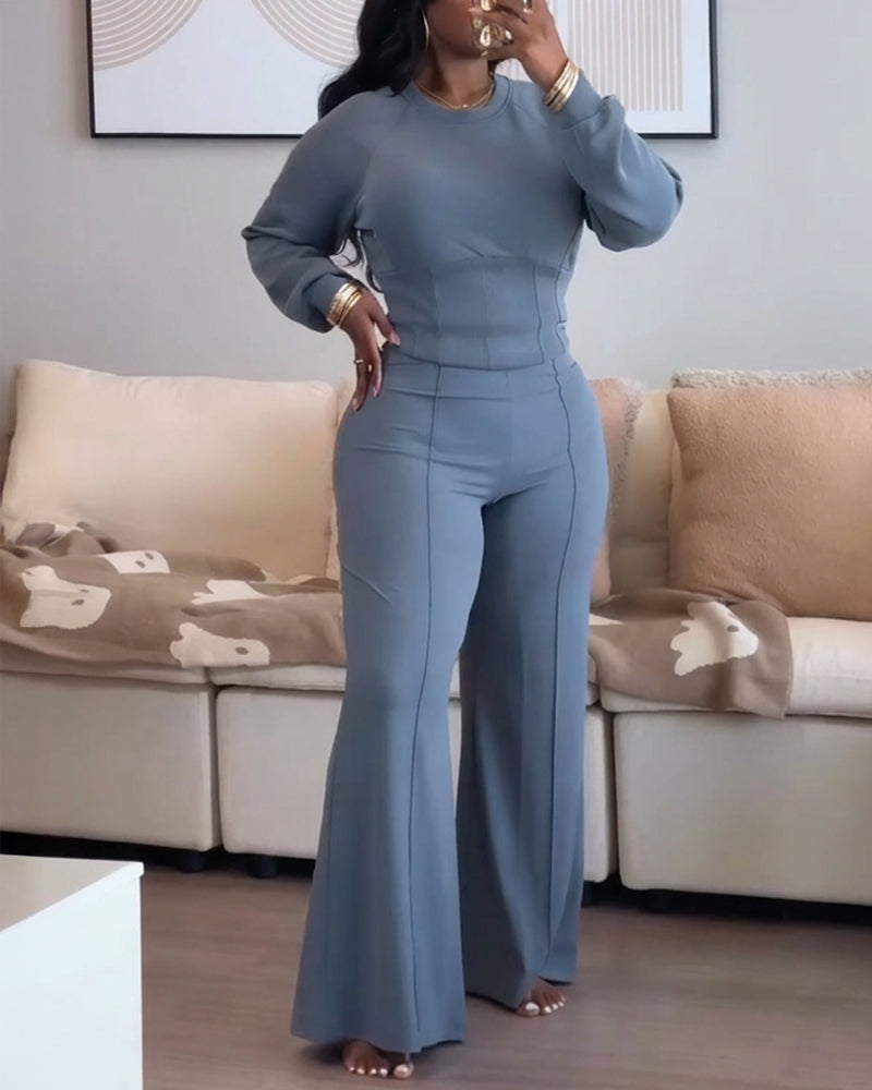 2 Pieces Outfit O-neck Long Sleeve Cinched Waist Sweatshirt and Elastic Waist Wide Leg Pants Set Casual Seam Design Sweatpants Set