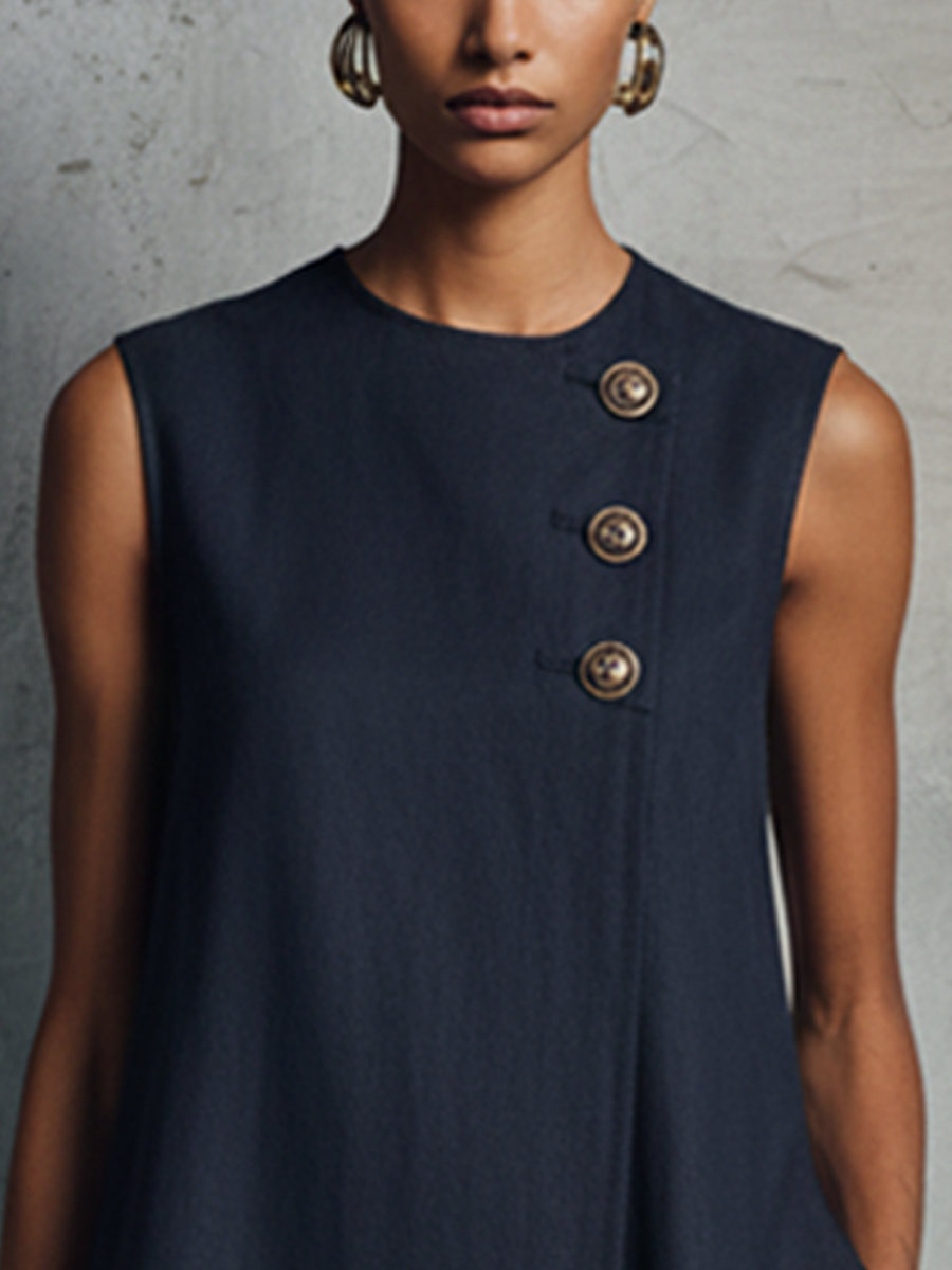 Federica | Navy Blue Sleeveless Round-Neck Mini Dress with Button Detail