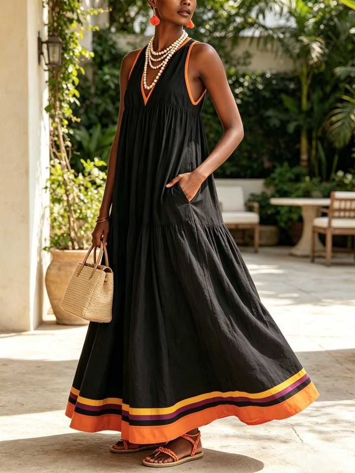 Federica | Black tiered maxi dress with orange trim and multicolor hem