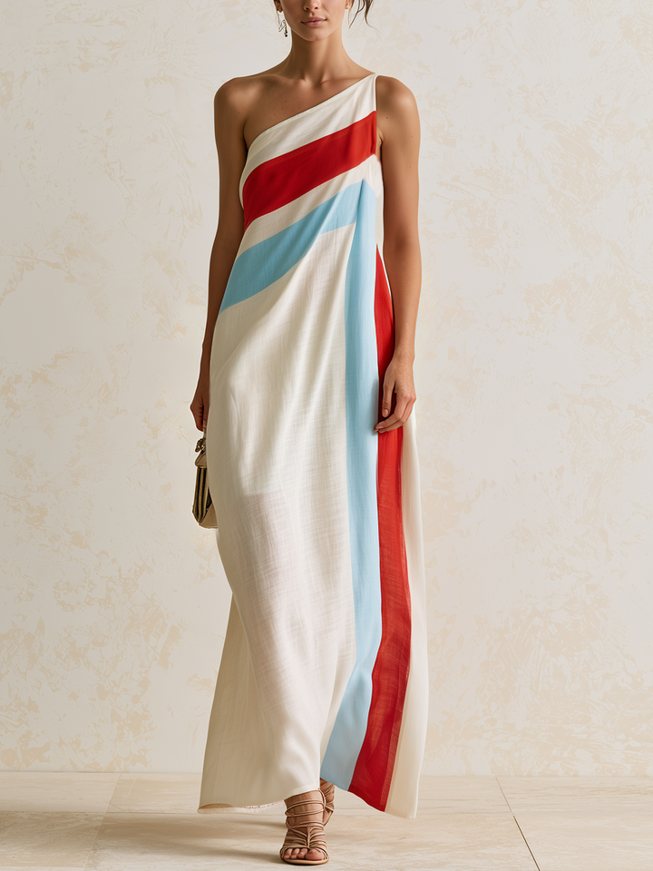 Carlotta | Red, light blue and white diagonal striped one-shoulder maxi dress