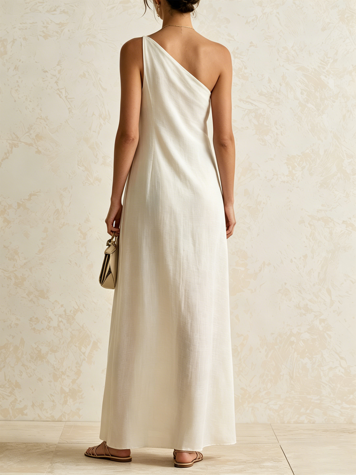 Carlotta | Red, light blue and white diagonal striped one-shoulder maxi dress