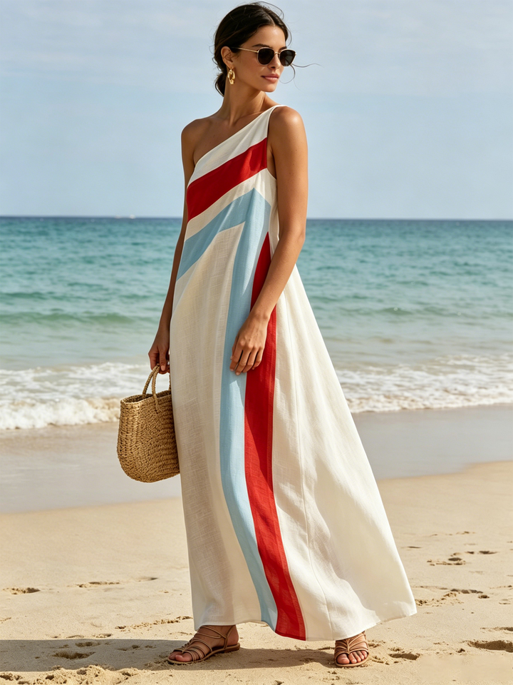 Carlotta | Red, light blue and white diagonal striped one-shoulder maxi dress