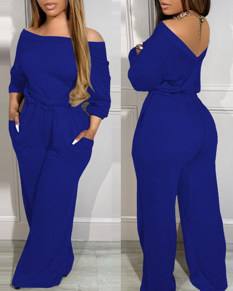 Off Shoulder V Back Elastic Waist Pockets Design Jumpsuit Casual Drop Shoulder Cinched Waist Wide Leg Jumpsuit