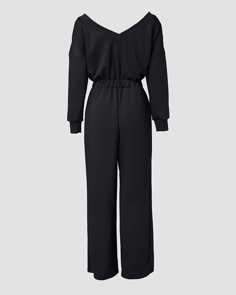 Off Shoulder V Back Elastic Waist Pockets Design Jumpsuit Casual Drop Shoulder Cinched Waist Wide Leg Jumpsuit