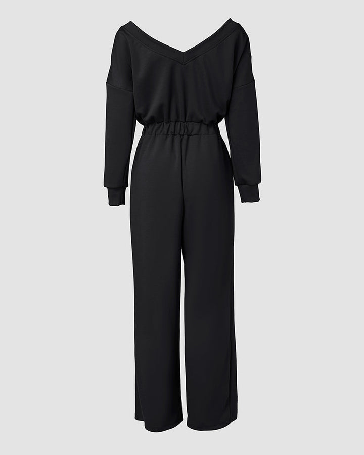 Off Shoulder V Back Elastic Waist Pockets Design Jumpsuit Casual Drop Shoulder Cinched Waist Wide Leg Jumpsuit