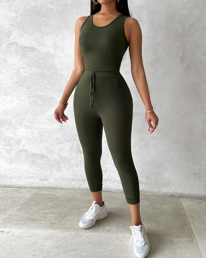 3 Piece Lounge Set Crewneck Sleeveless Tank Top Long Sleeve Open Front Coat Pants Sweatsuit