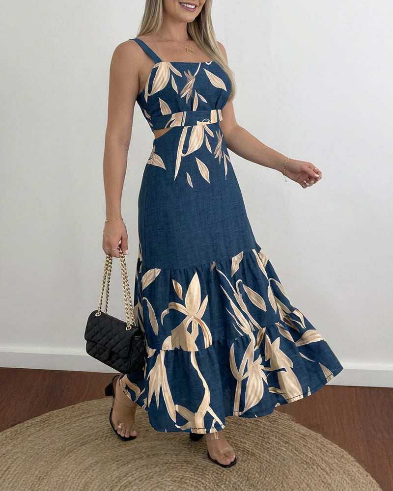 Plants Placement Print Adjustable Straps Cutout Waist Shirred Back Maxi Dress Casual Cinched Waist Ruffle Hem Vacation Dress