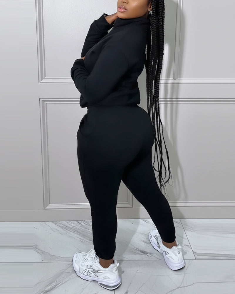 2 Pieces Outfit High Neck Half Zip Drop Shoulder Top and Drawstring Elastic Waist Slim Fit Jogger Pants Set Casual Tracksuit