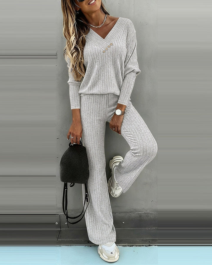 2 Pieces Outfit Button Decor V-Neck Long Sleeve Top and Elastic Waist Straight Leg Pants Set Casual Ribbed Set