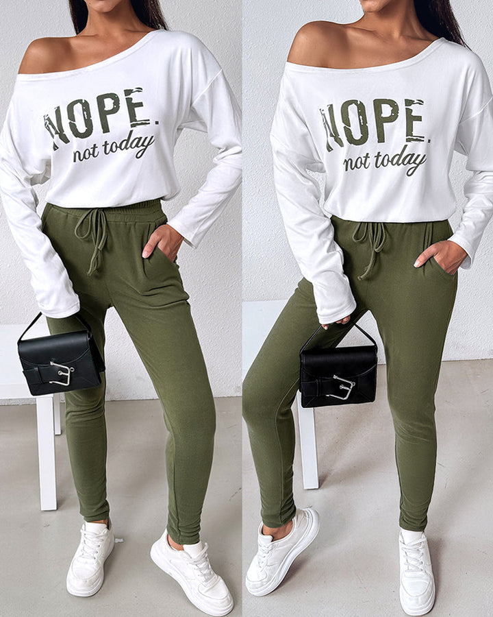 2 Pieces Outfit Nope. Not Today Slogan Print Skew Neck Long Sleeve Pullover Top And Casual Drawstring Stretchy Waist Slim Fit Pants Set