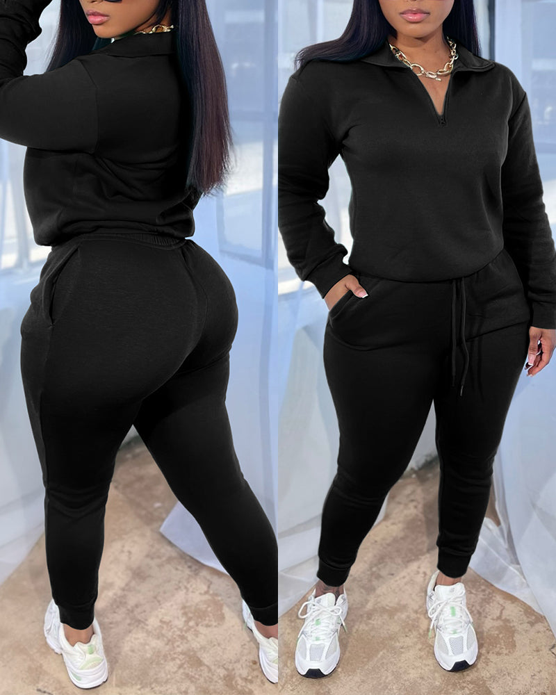 2 Pieces Outfit High Neck Half Zip Drop Shoulder Top and Drawstring Elastic Waist Slim Fit Jogger Pants Set Casual Tracksuit