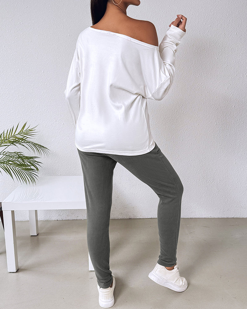 2 Pieces Outfit Nope. Not Today Slogan Print Skew Neck Long Sleeve Pullover Top And Casual Drawstring Stretchy Waist Slim Fit Pants Set