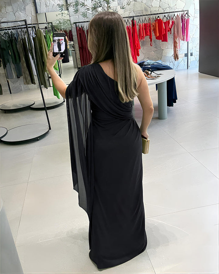 One Shoulder Asymmetrical Mesh Cloak Sleeve Ruched Twist Waist Evening Dress Waist Gathered Slit Party Dress