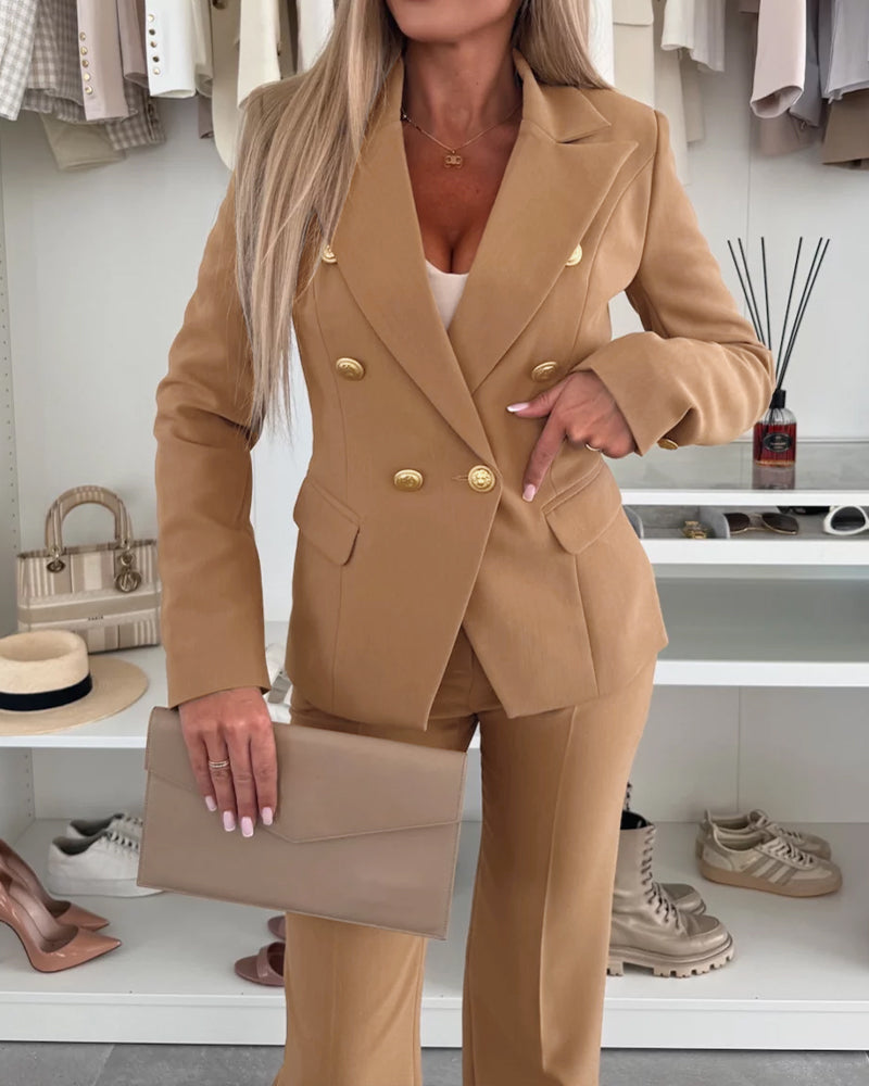 2 Pieces Outfit Notched Collar Double-Breasted Flap Detail Coat and Zipper Fly Elastic Back Waist Slim Fit Flared Pants Set Casual Blazer Set