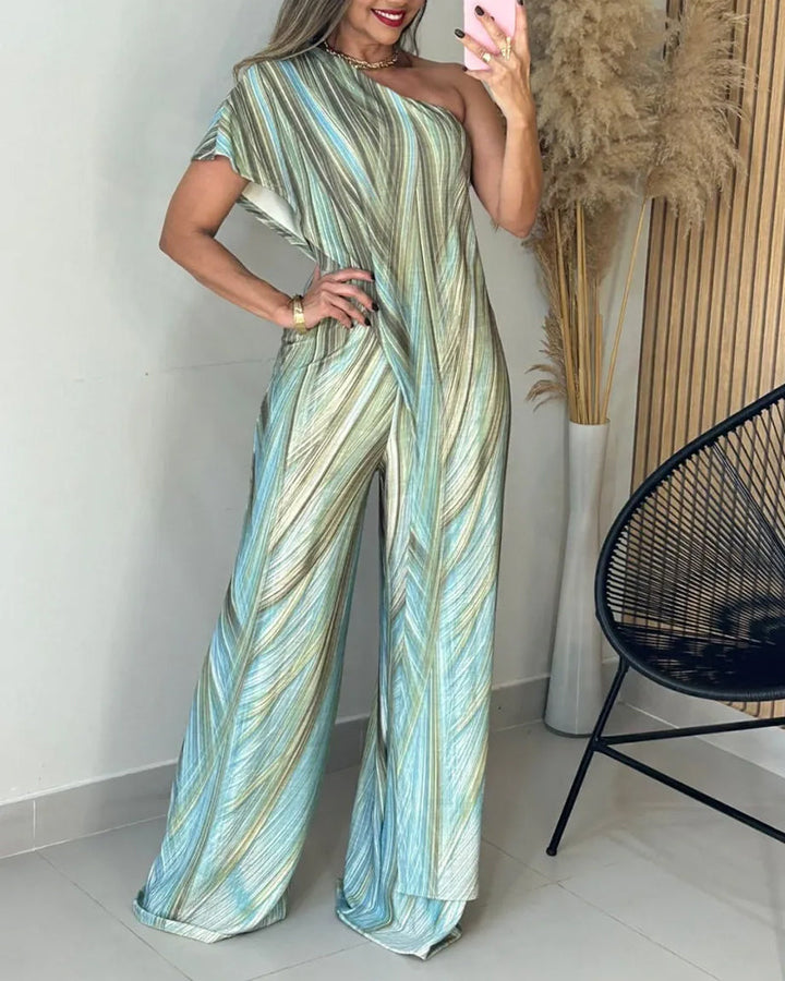 Colorblock Abstract Print One Shoulder Short Sleeve Zipper Side Overalls Casual Asymmetrical Wrap Design Wide Leg Jumpsuit