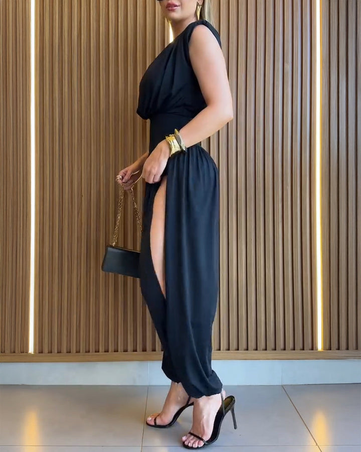 Padded Shoulders Sleeveless Cinched Waist Side High Slit Overalls Casual Hollow-out Back Ruched Jumpsuit