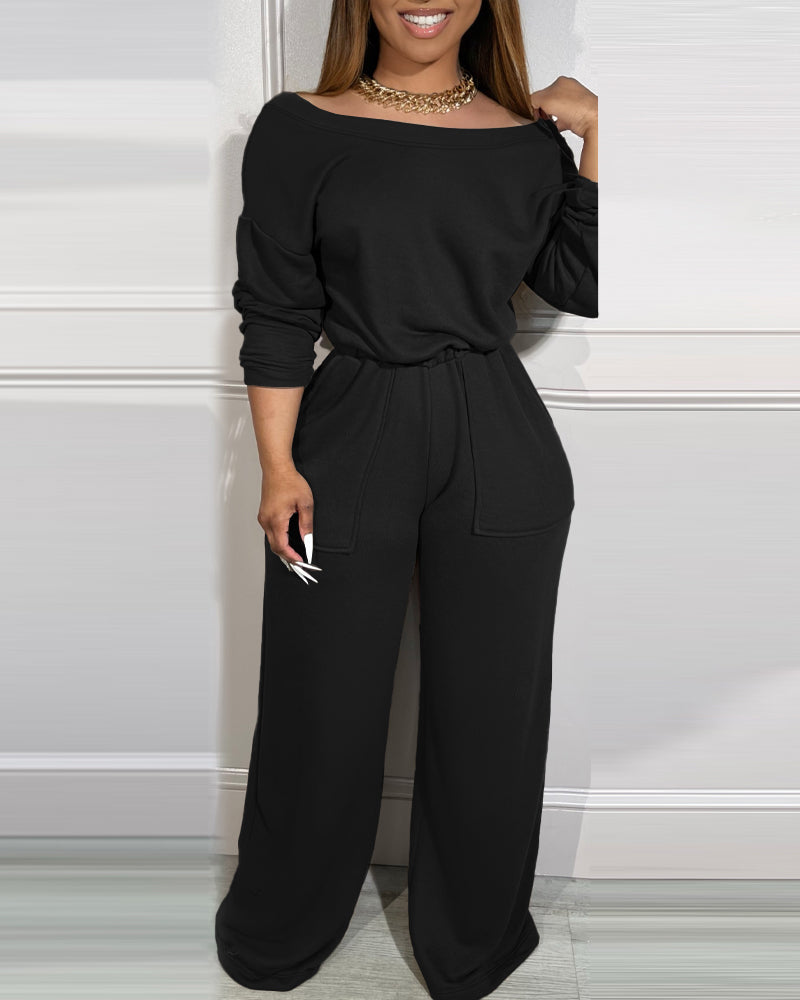Off Shoulder V Back Elastic Waist Pockets Design Jumpsuit Casual Drop Shoulder Cinched Waist Wide Leg Jumpsuit