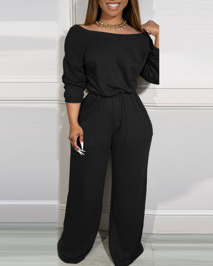 Off Shoulder V Back Elastic Waist Pockets Design Jumpsuit Casual Drop Shoulder Cinched Waist Wide Leg Jumpsuit