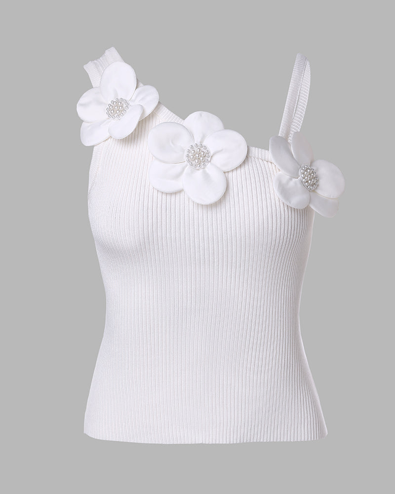 2 Pack Solid 3D Flower Tank Top Asymmetrical Neck Sleeveless Casual Ribbed Knit Camisole