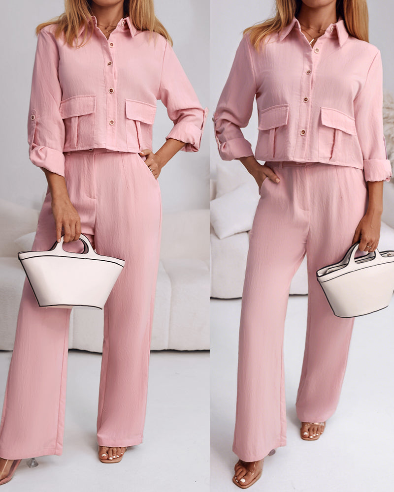 2 Pieces Outfit Turn-down Collar Turn-Up Sleeves Button Front Flap Pockets Design Top and Causal Zipper Fly Elastic Back Waist Wide Leg Pants Set