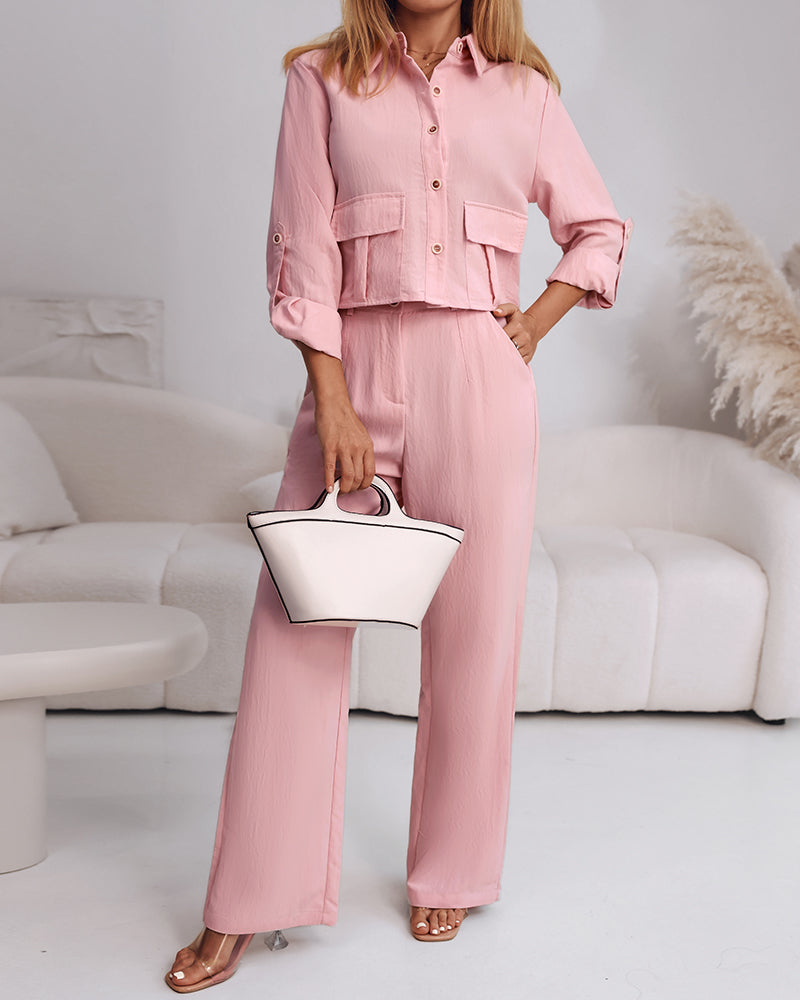 2 Pieces Outfit Turn-down Collar Turn-Up Sleeves Button Front Flap Pockets Design Top and Causal Zipper Fly Elastic Back Waist Wide Leg Pants Set