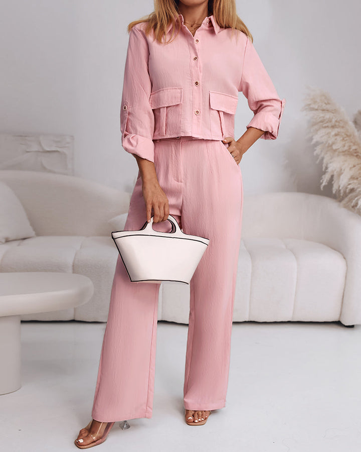2 Pieces Outfit Turn-down Collar Turn-Up Sleeves Button Front Flap Pockets Design Top and Causal Zipper Fly Elastic Back Waist Wide Leg Pants Set