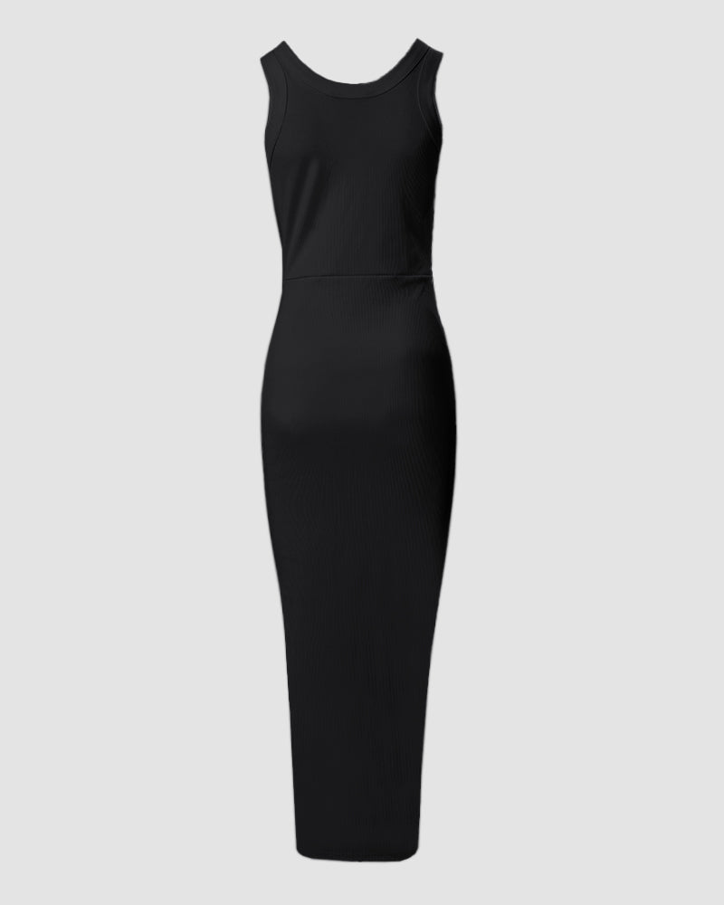 Side Slit Drawstring Ruched Bodycon Casual Sun Maxi Dresses Sleeveless Ribbed Tank Dress