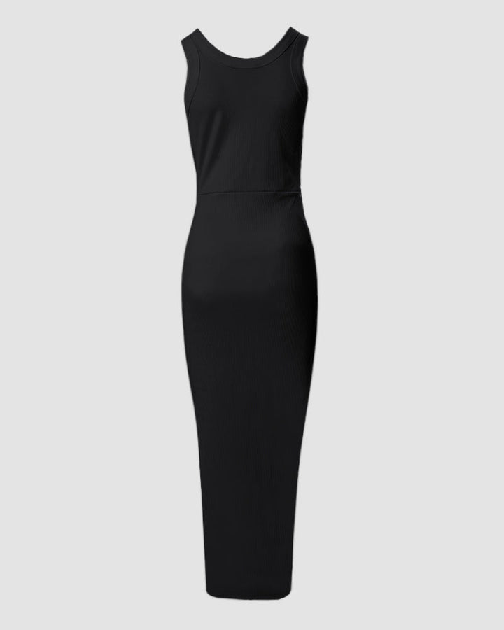 Side Slit Drawstring Ruched Bodycon Casual Sun Maxi Dresses Sleeveless Ribbed Tank Dress