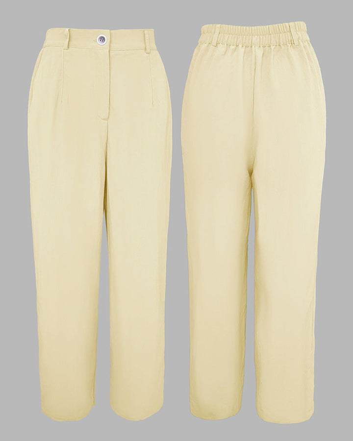 2 Pieces Outfit Turn-down Collar Turn-Up Sleeves Button Front Flap Pockets Design Top and Causal Zipper Fly Elastic Back Waist Wide Leg Pants Set