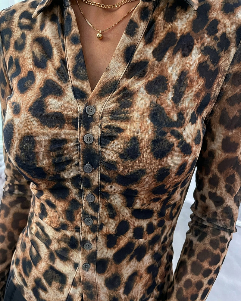 Leopard Print Turn-down Collar V-Neck Button Front Shirt Slim Fit Long Sleeve Ruched Sheer Mesh Top with Lining