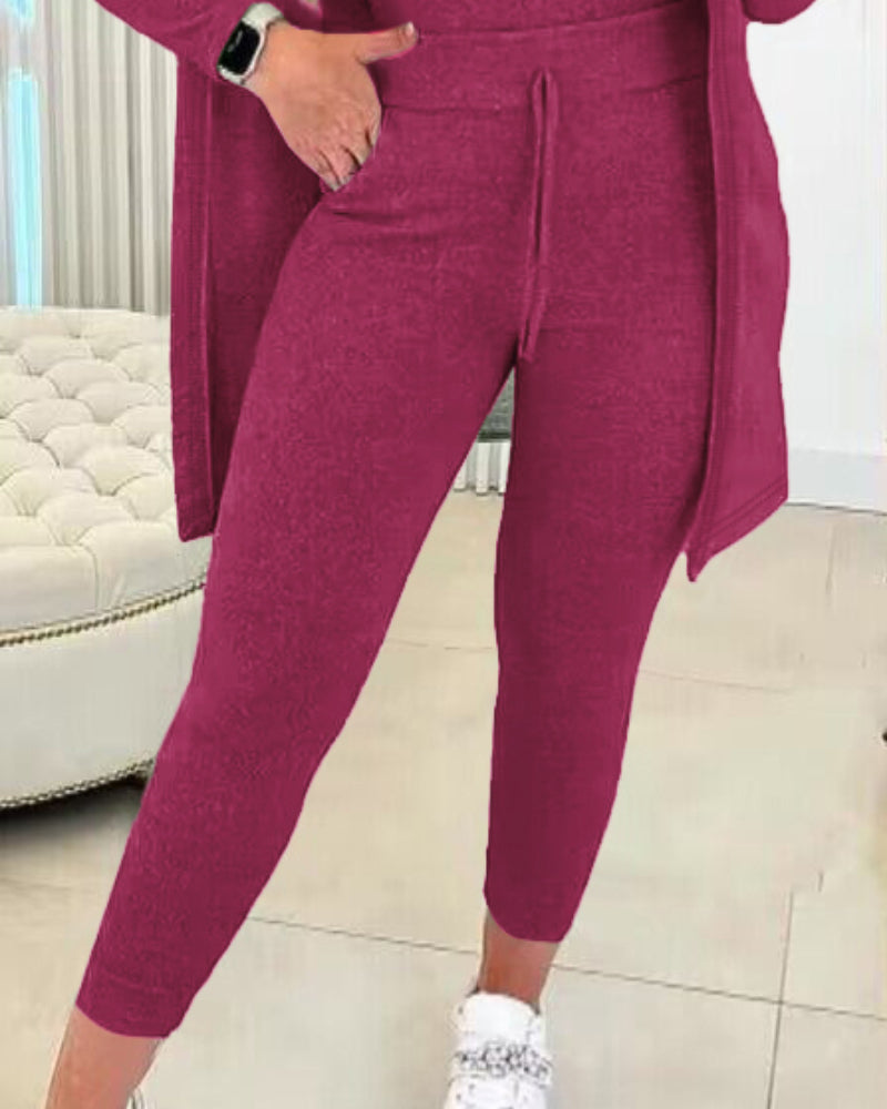 3 Piece Lounge Set Crewneck Sleeveless Tank Top Long Sleeve Open Front Coat Pants Sweatsuit
