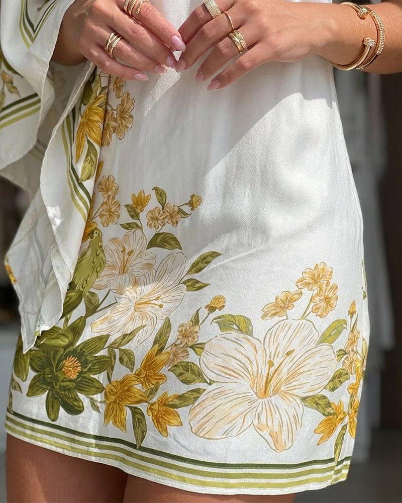 Floral Print One Shoulder Loose Long Sleeve Mini Dress Casual Contrast Striped Print Zipper Side Vacation Dress