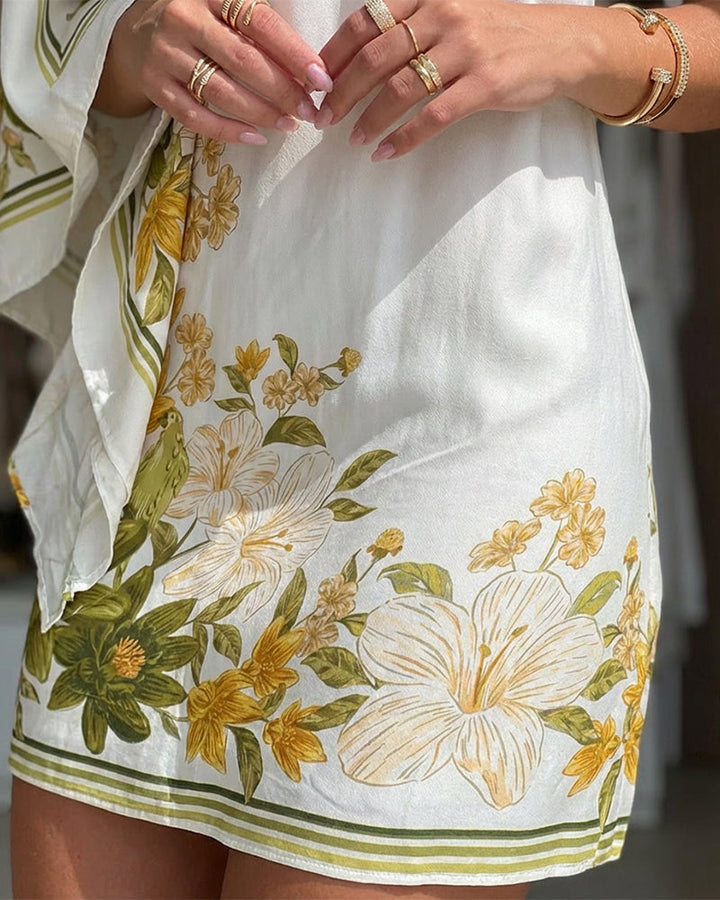 Floral Print One Shoulder Loose Long Sleeve Mini Dress Casual Contrast Striped Print Zipper Side Vacation Dress