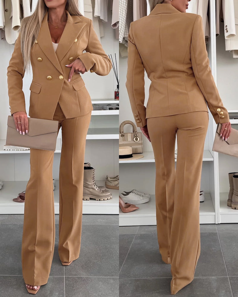 2 Pieces Outfit Notched Collar Double-Breasted Flap Detail Coat and Zipper Fly Elastic Back Waist Slim Fit Flared Pants Set Casual Blazer Set