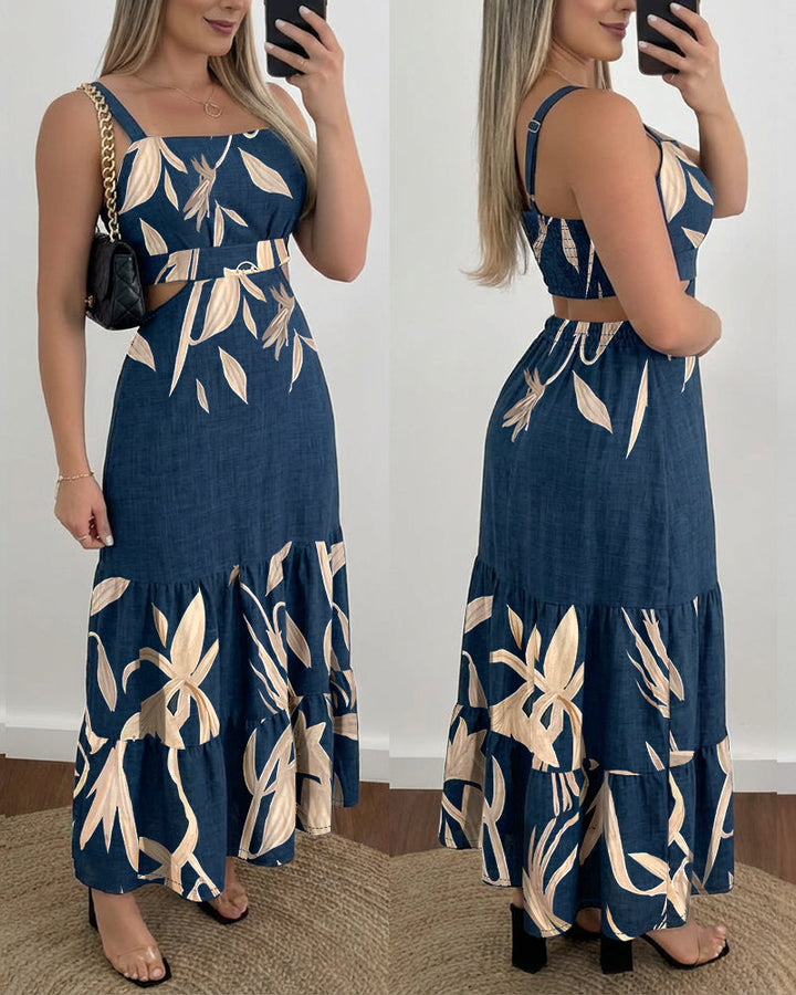 Plants Placement Print Adjustable Straps Cutout Waist Shirred Back Maxi Dress Casual Cinched Waist Ruffle Hem Vacation Dress