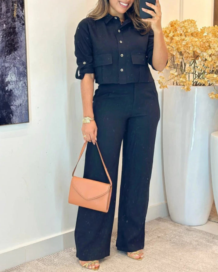 2 Pieces Outfit Turn-down Collar Turn-Up Sleeves Button Front Flap Pockets Design Top and Causal Zipper Fly Elastic Back Waist Wide Leg Pants Set