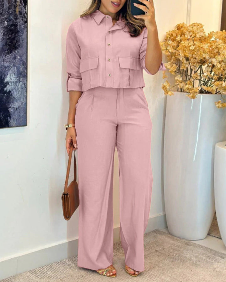 2 Pieces Outfit Turn-down Collar Turn-Up Sleeves Button Front Flap Pockets Design Top and Causal Zipper Fly Elastic Back Waist Wide Leg Pants Set