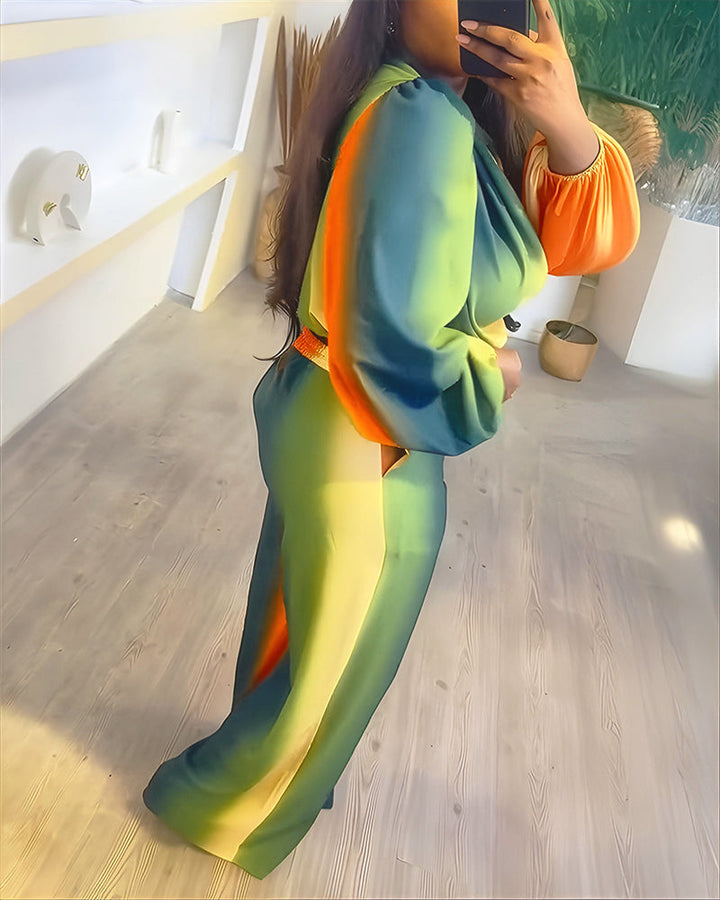 2 Pieces Outfit Cowl Neck Puff Sleeve Loose Fit Top and Zipper Fly Elastic Back Waist Wide Leg Pants Set Casual Tie Dye Print Set