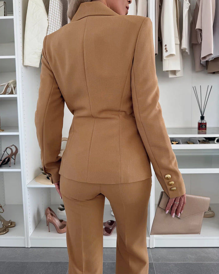 2 Pieces Outfit Notched Collar Double-Breasted Flap Detail Coat and Zipper Fly Elastic Back Waist Slim Fit Flared Pants Set Casual Blazer Set