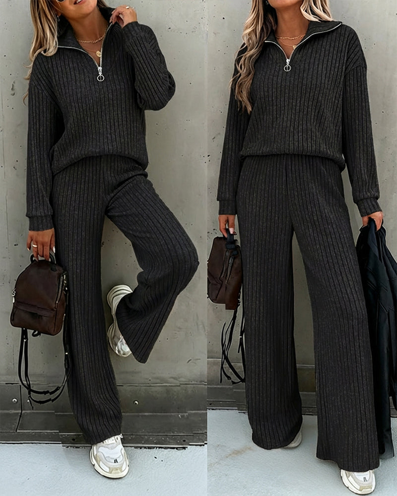 2 Pieces Outfit Turn-down Collar Long Sleeve Drop Shoulder Half Zipper Front Top and Elastic Waist Pants Set Casual Brushed Ribbed Set