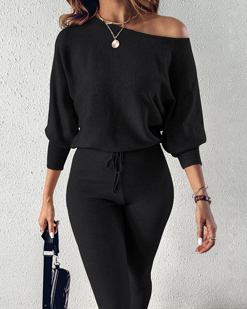 2 Pieces Outfit Skew Neck Long Sleeve Loose Pullover Top and Drawstring High Waist Slim Fit Pants Set